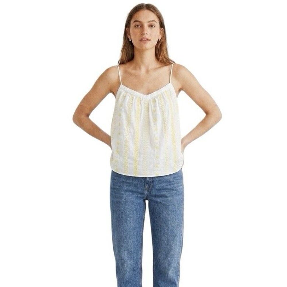 LOFT Womens Cami Top Blouse Yellow Embroidered Tank Boho Cottagecore Sz Small